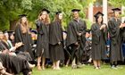 一排戴着毕业帽、穿着毕业礼服的学生