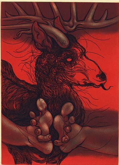 Print of deer and human feet by Oscar Gillespie