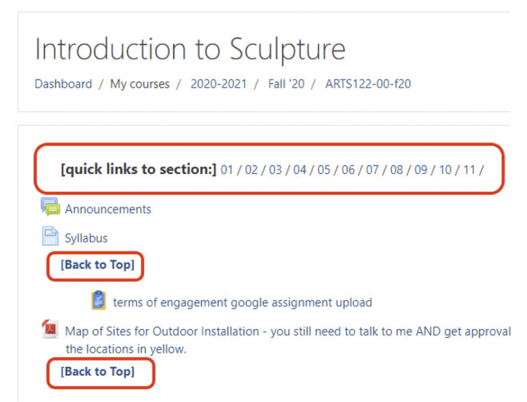 screenshot of a Moodle screen: introduction to sculpture