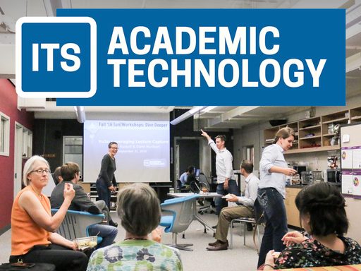 Academic technology logo superimposed over a room full of academic technologists