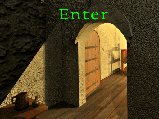 Virtual reality image of a castle entryway with the word