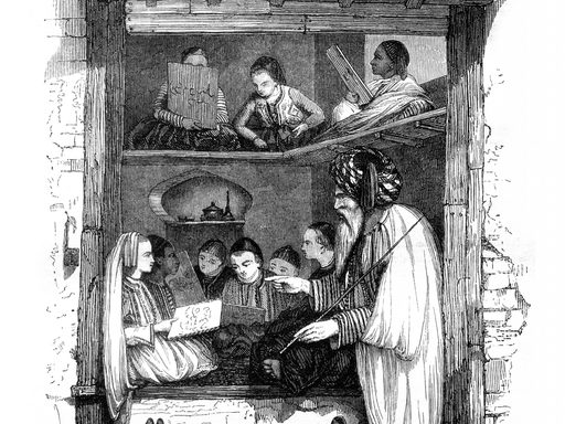 View of a Moorish school in Algiers, vintage engraved illustration. Magasin Pittoresque 1845.