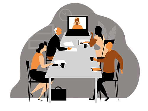 5 people in a meeting with one attending remotely