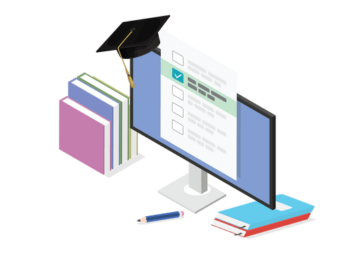 Books, pencil and monitor with mortarboard