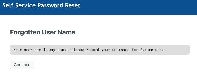 Screenshot of the result of using the "Forgot Username" service, showing a text box with your Carleton username followed by the words, "Please record your username for future use."