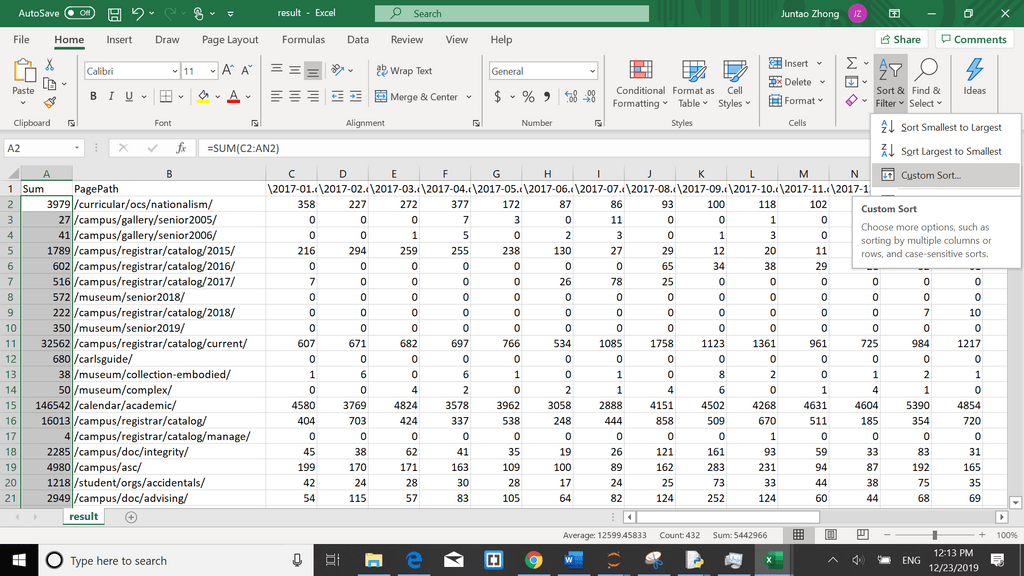 Screenshot of Excel custom sort