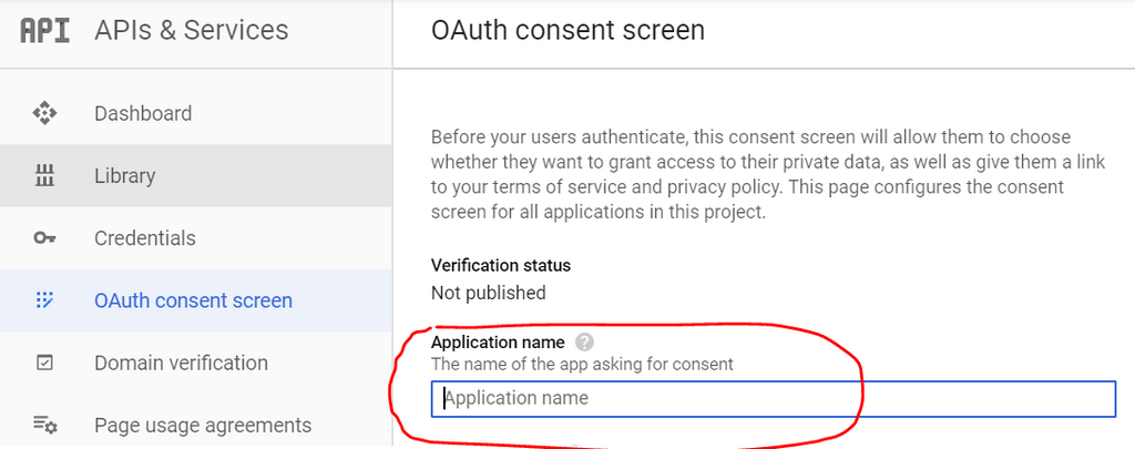 Screenshot of filling out Application name for OAuth consent screen