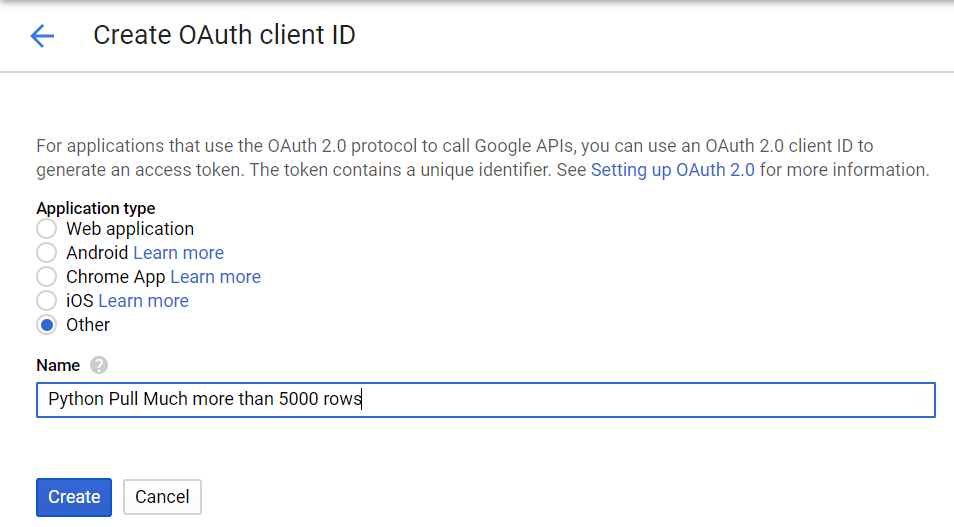 Screenshot of Create OAuth client ID choose Application type