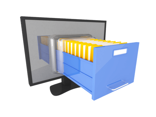 Illustration of a computer monitor with a file cabinet drawer coming out from the screen. The file cabinet drawer is full of files.