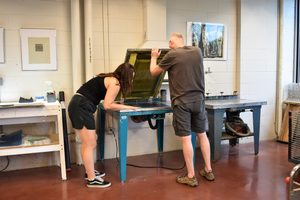 Grant recipient Fred Hagstrom and SRA Justine Szafran ('19) printmaking