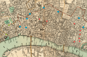 An 18th Century map with colored dots showing workhouses in the city of London