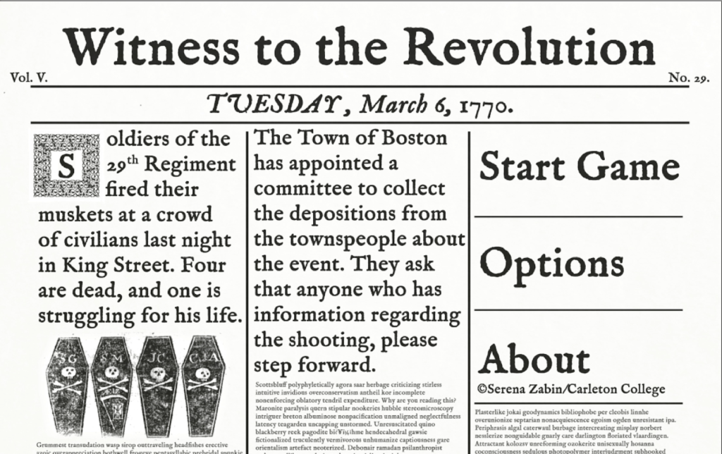 Witness to the Revolution Game Menu