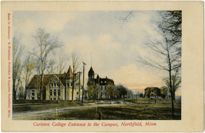 Antique hand-tinted postcard of the entrance to the Carleton College campus