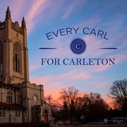 Skinner Chapel at Sunset, with the "Every Carl for Carleton" campaign logo