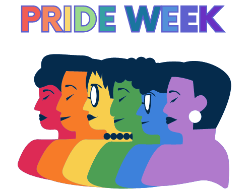 Pride Week. Logo features six different people side by side; each of them is a different color of the rainbow.