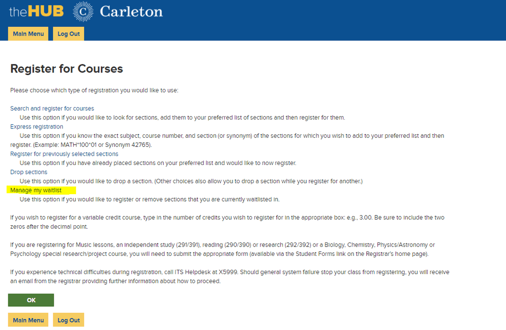 Register For Courses Menu
