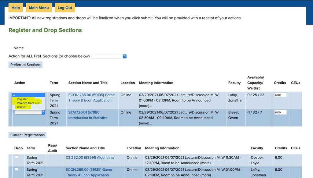 Screenshot of Register Drop-Down