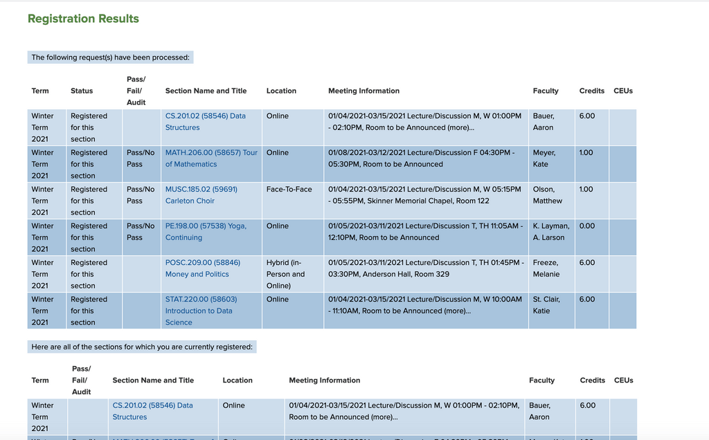 Registration Results screen