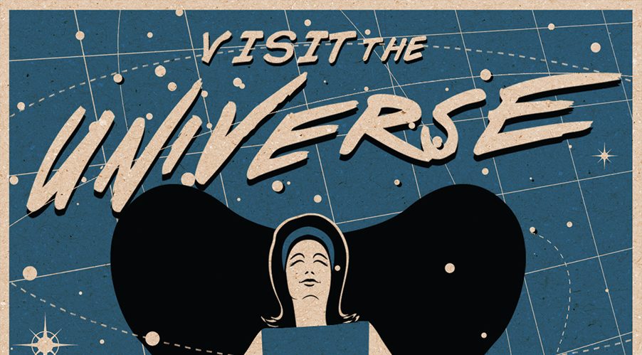 Poster of a woman siting in a space-age chair with starry background. Text: Visit the Universe from your Armchair!