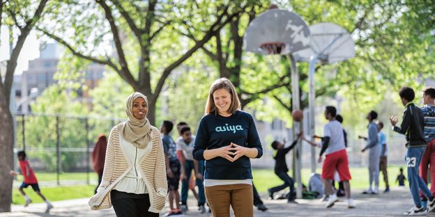 ASIYA Sport founders Fatimah Hussein and Jamie Glover ’06 outside the Brian Coyle Community Center in Minneapolis