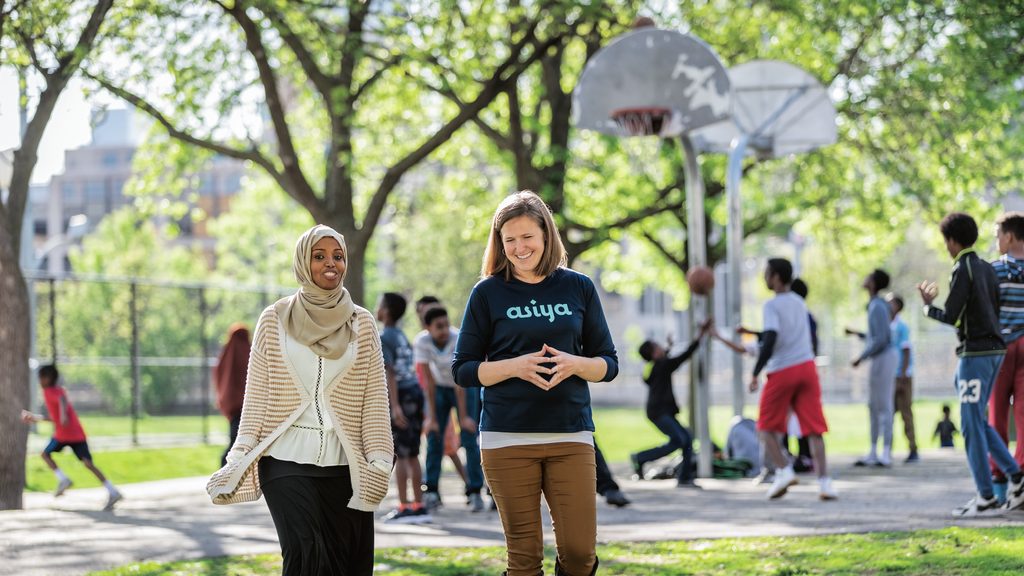 ASIYA Sport founders Fatimah Hussein and Jamie Glover ’06 outside the Brian Coyle Community Center in Minneapolis