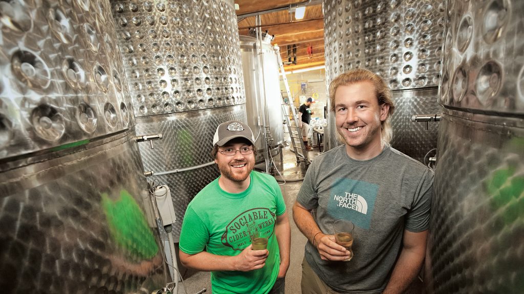 Sociable Cider Werks cofounders Wade Thompson ’07 and Jim Watkins ’07 in their brewery