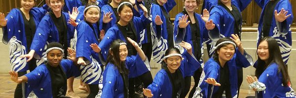 A large group of students in matching costumes strike a martial arts pose
