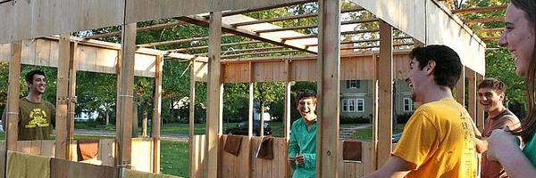 Students erect a sukkah on the Balld Spot for the Jewish festival of Sukkot