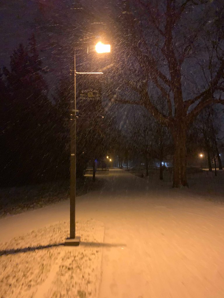 Snow falling past a street light