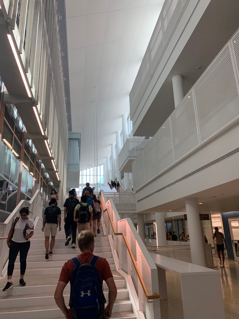 A view of Anderson Hall's staircase from the first floor