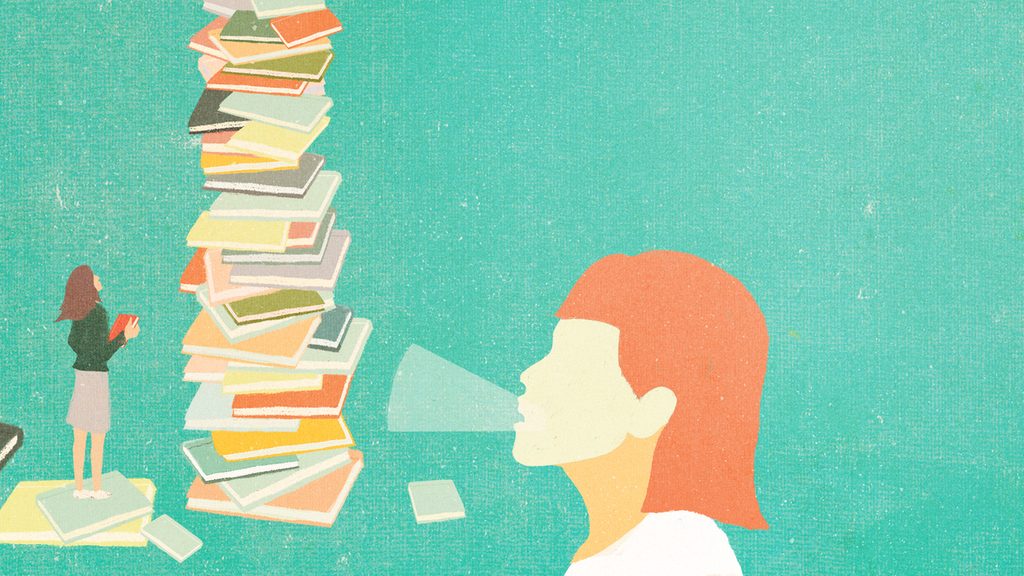 Drawing of stack of books with a small student looking at the tower of books