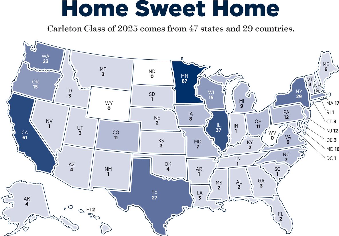 A map of the USA showing where students of the Class of 2025 come from, state-wise