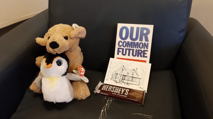 My Christmas presents: a book, two stuff animals, a postcard and a chocolate bar.