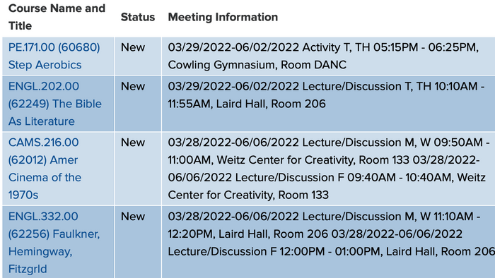 Andriana's course schedule