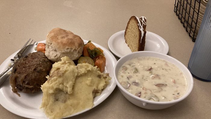 Steak, mashed potatoes, clam chowder, and Bundt cake for dinner
