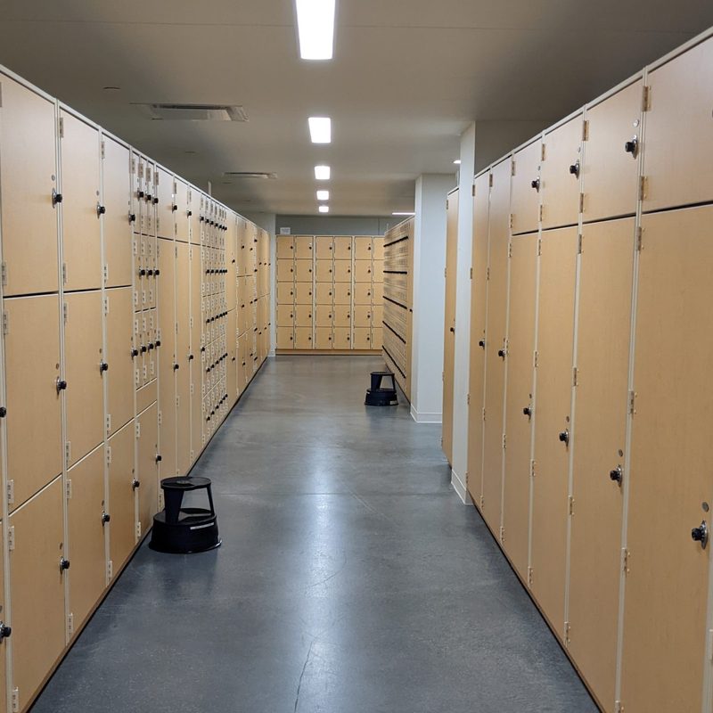 Instrument lockers in basement of weitz