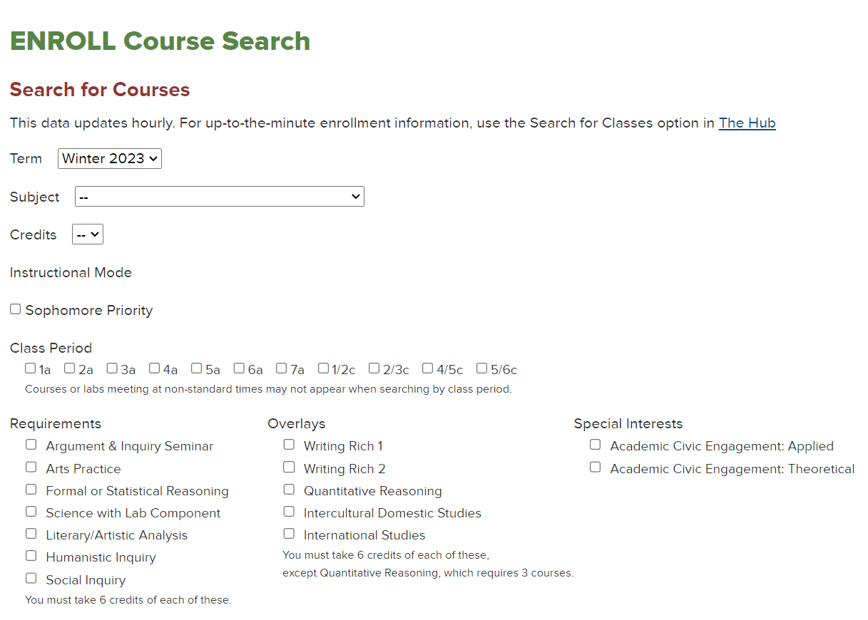 Search for Courses Real ENROLL interface on the HUB