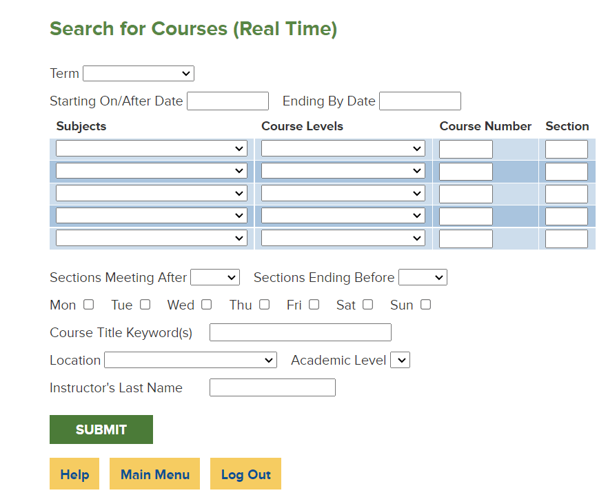 Search for Courses Real Time interface on the HUB