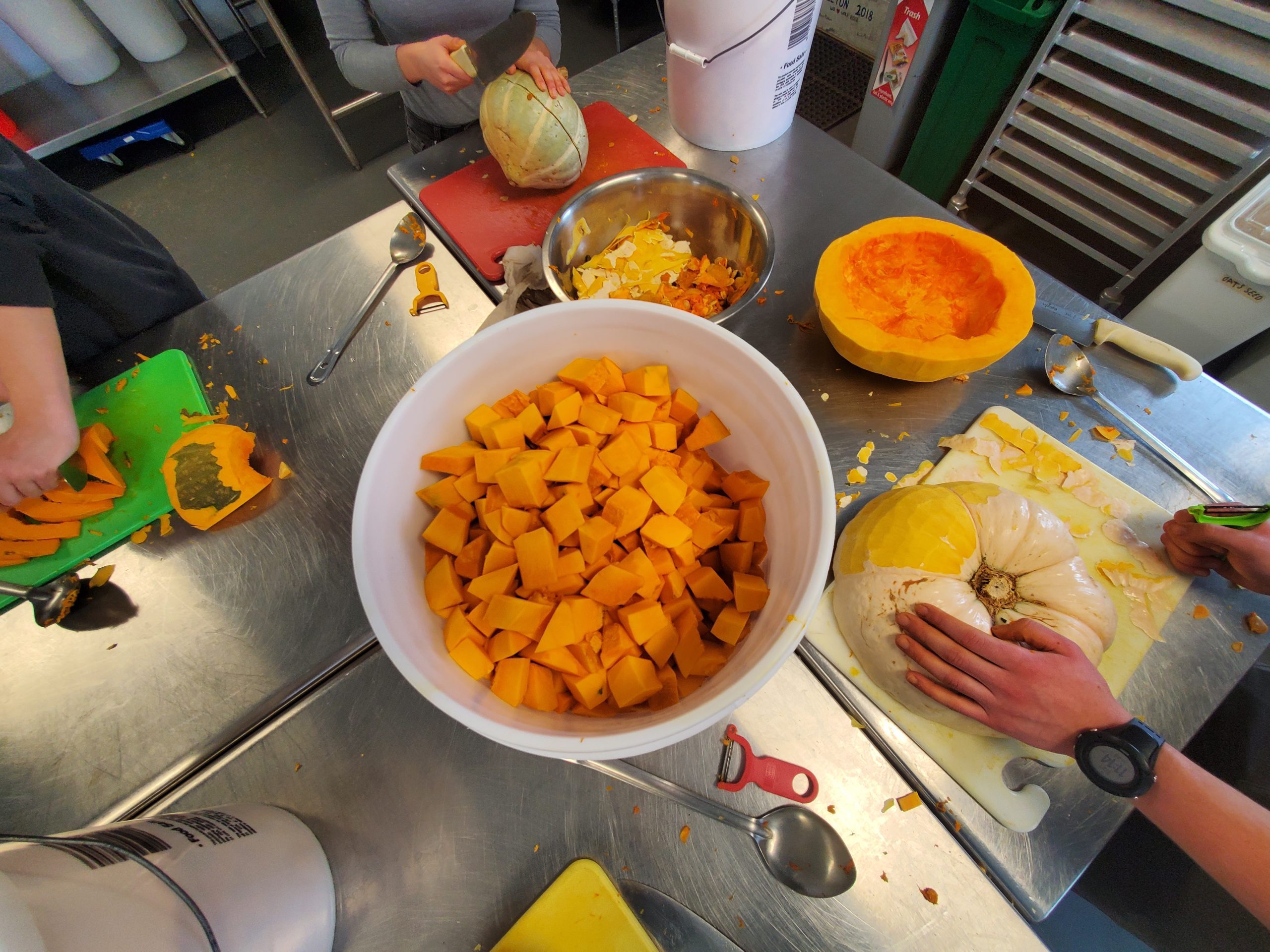 A bucket of squash is surrounded by students' hands and cutting boards