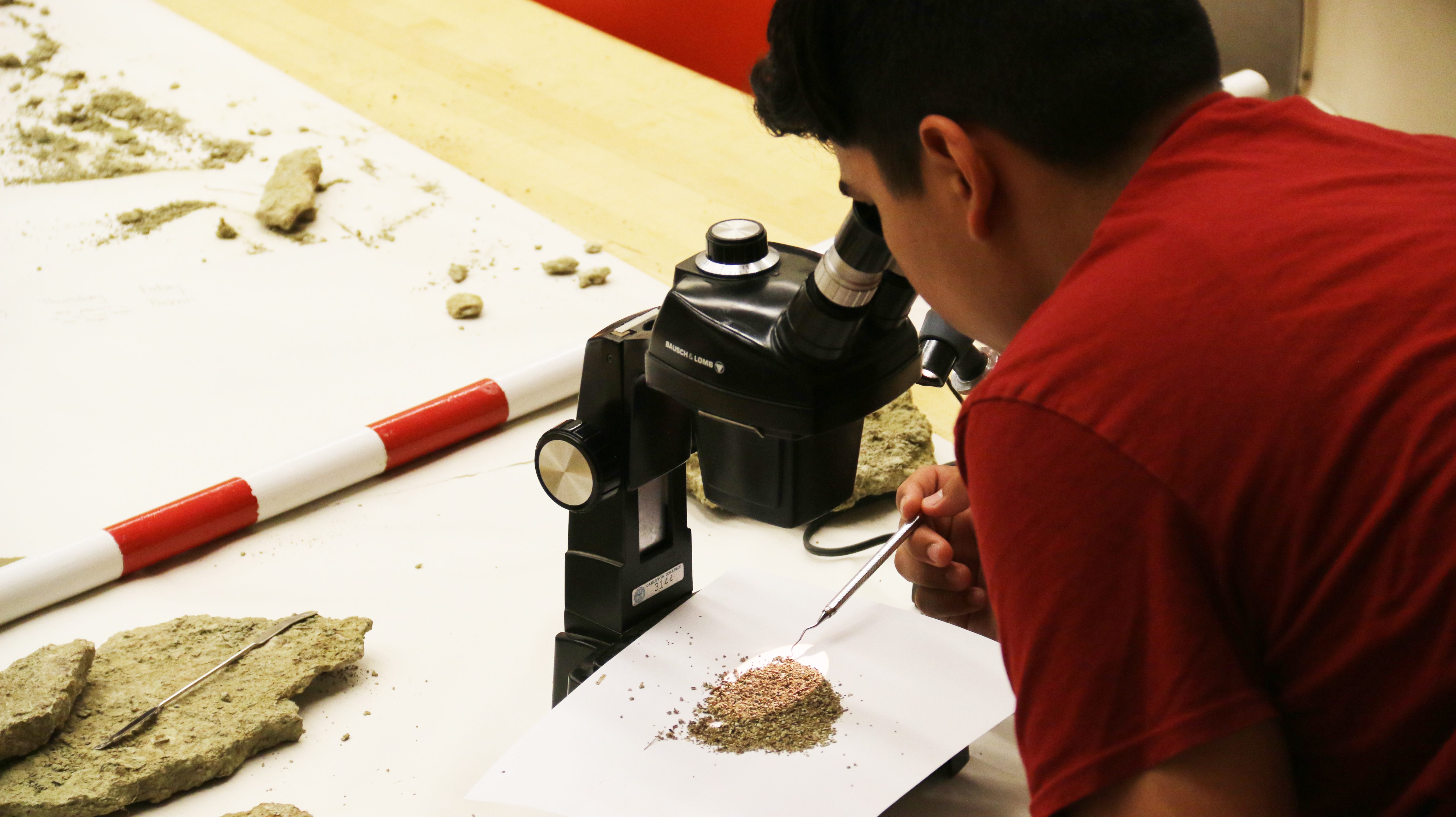 Geology student using microscope