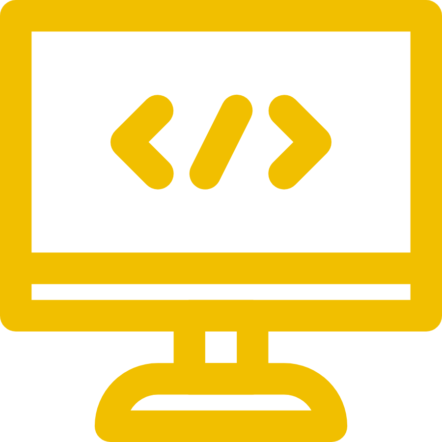 Yellow graphic of a computer with code symbols on the screen