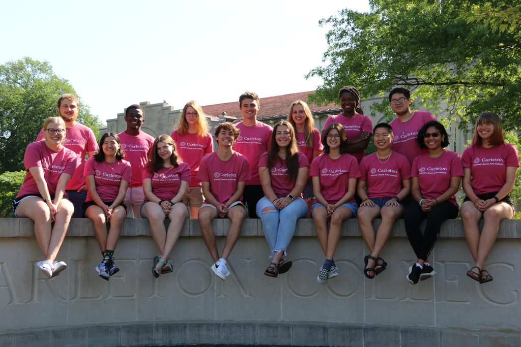 2022 Program and Community Assistant team: Wearing their pink staff shirts, 16 PACAs smile while seated atop the Carleton sign