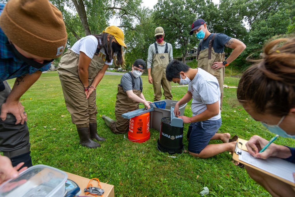 Two students kneel on the grass to measure small fish on upturned buckets while more students watch over their shoulders. All are wearing waders.