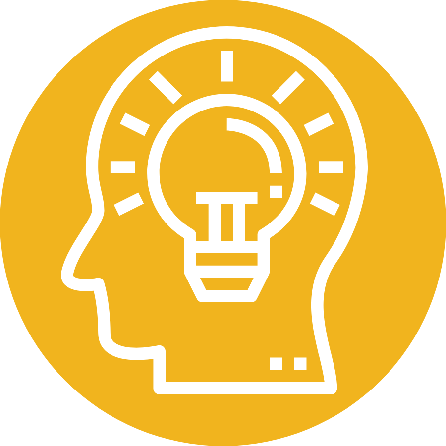 Yellow circle housing a white graphic of a human head with an illuminated lightbulb inside