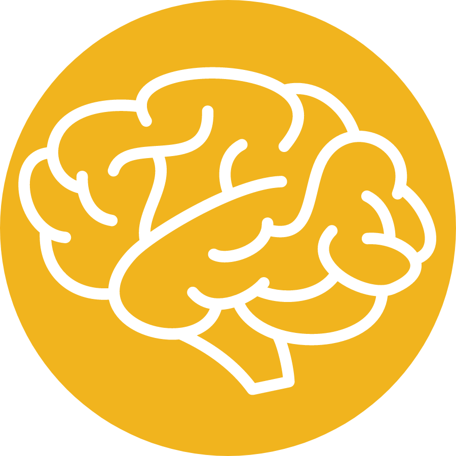 A white graphic of a brain in a yellow circle