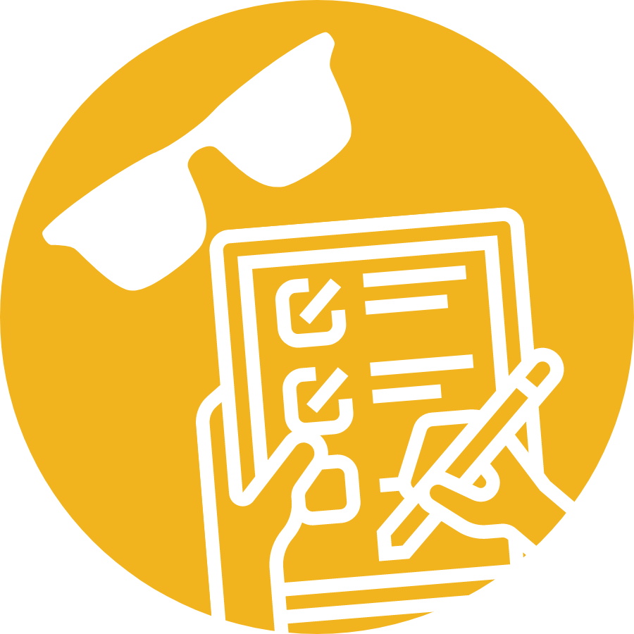 Yellow circle icon with a white clipboard and sunglasses