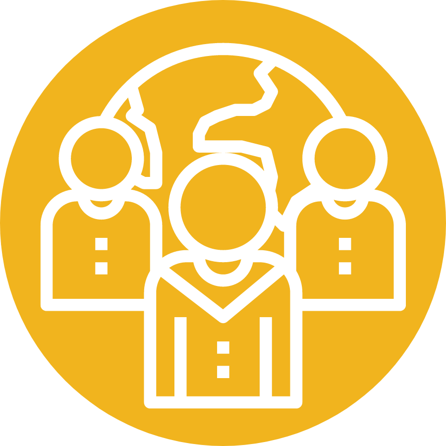 yellow circle with a white graphic depicting a globe and three people standing in front of it