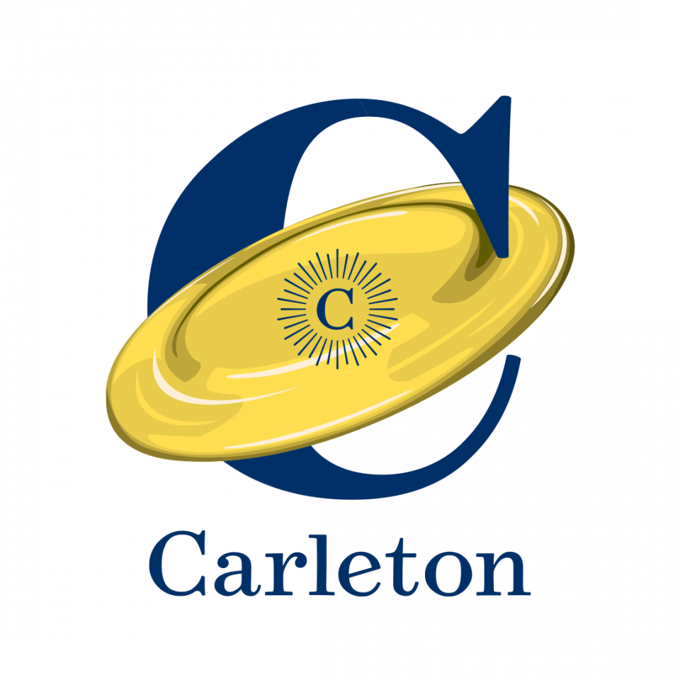Large C wrapped around a yellow frisbee over the word "Carleton."