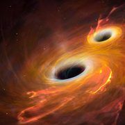 Illustration of two black holes orbiting each other.