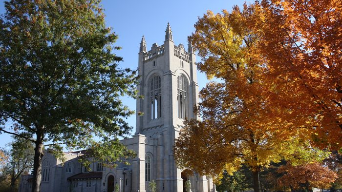 Skinner Chapel on a sunny fall day